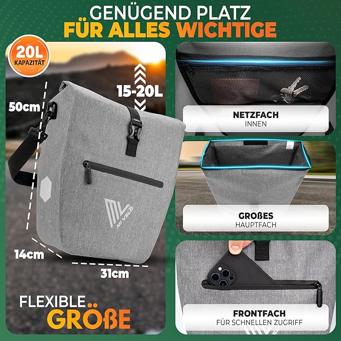 MIVELO Fahrradtasche – 2in1 Gepäckträgertasche & Schultertasche – 20 Liter – Grau