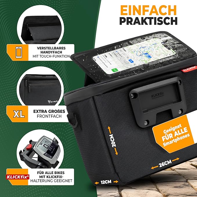 MIVELO Lenkertasche - Wasserabweisend & mit Handyfach - Reflektierend - 7 Liter - Schwarz