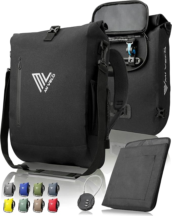 Mivelo 3 in 1 Fahrradtasche - Fahrradrucksack - Umhängetasche wasserdicht 100% PVC-frei, mit Laptopfach, Gepäckträgertasche für alle Arten von Fahrradträgern - Schwarz