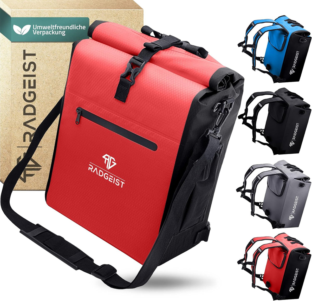 RADGEIST 3in1 Fahrradtasche - Für Gepäckträger - Rucksack - Tragetasche - Umhängetasche - Mit Laptopfach - Wasserdicht - 25L - Rot
