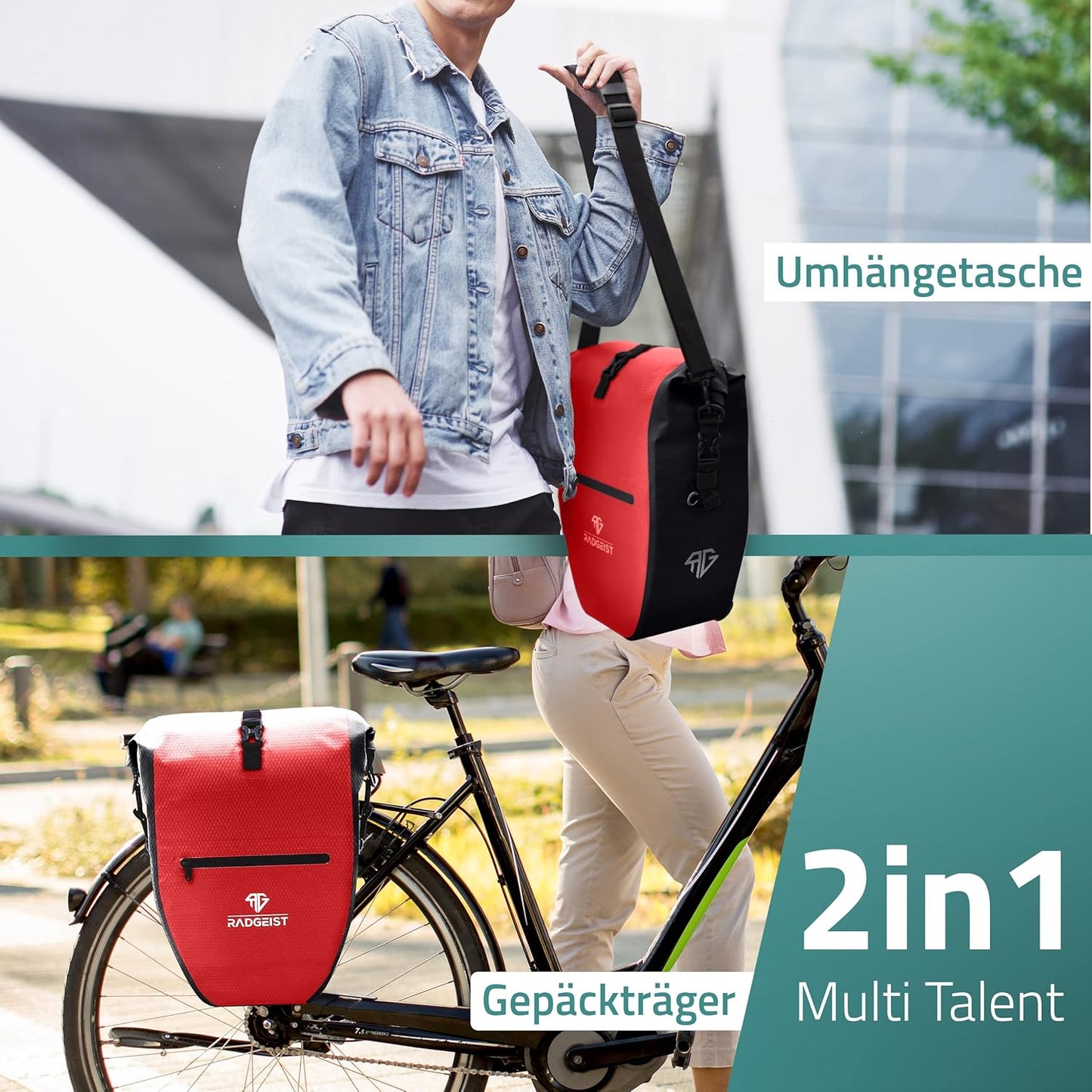 RADGEIST Packtasche Gepäcktasche - 28 L - Rote Plane - Wasserdicht mit Laptopfach - Sportlich & funktionell - Inklusive Schultergurt & Reflektoren