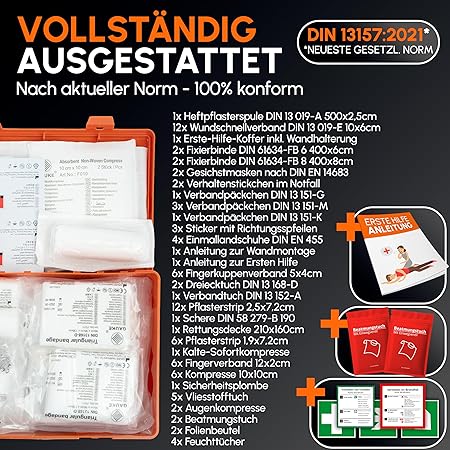Erste-Hilfe-Kasten nach neuer DIN 13157:2021 inkl. Wandhalterung und Aufkleber | universeller Erste-Hilfe-Kasten für Betrieb, Haushalt oder Gastronomie - Büro-Verbandkasten gefüllt, Sanitätskasten