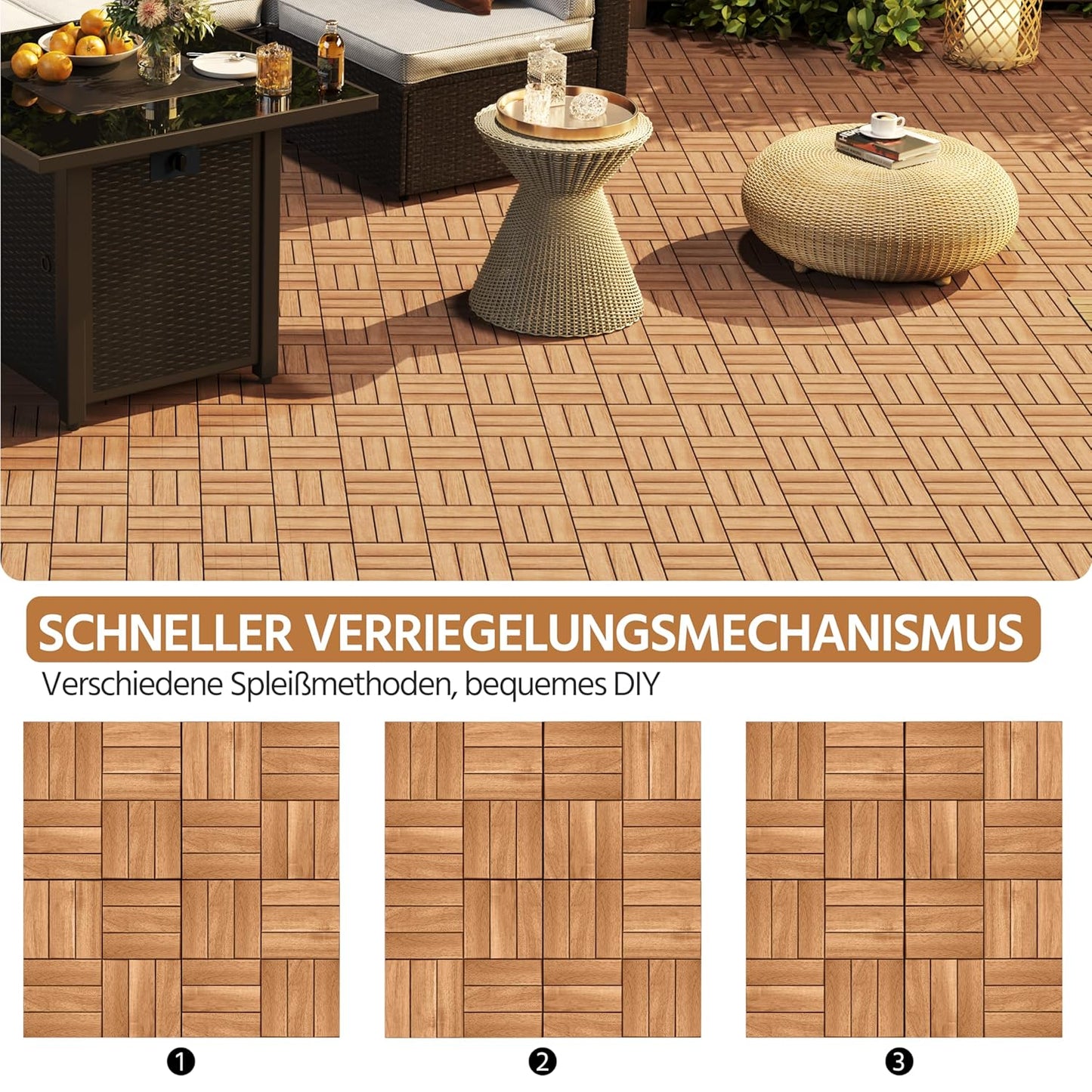 Yaheetech Akazienholz-Decking-Fliesen Hellbraun - 27 Stück - 30 x 30 cm - Wasserfeste Klick-Fliesen für Balkon, Terrasse & Garten