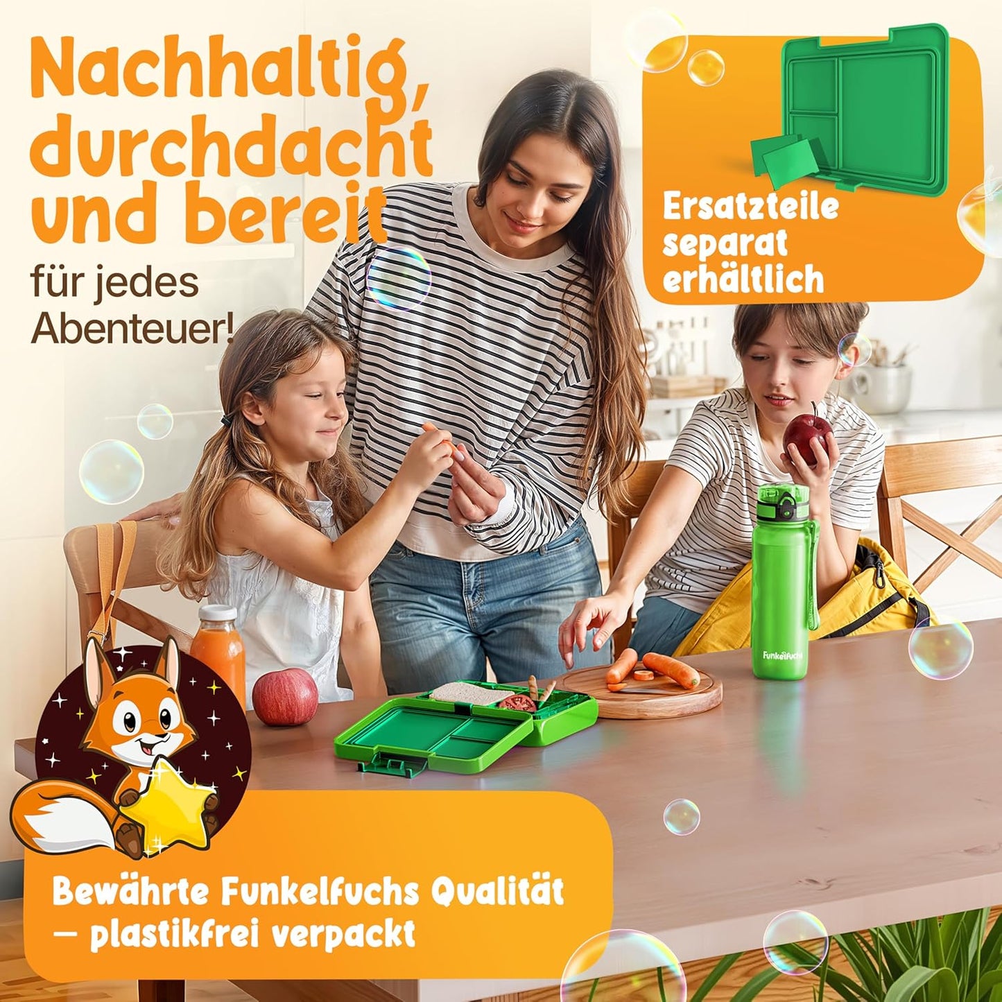 Funkelfuchs® Lunchbox für Kinder - Mit Fächern - 500ml - Für Schule, Kindergarten und Krippe - Grün