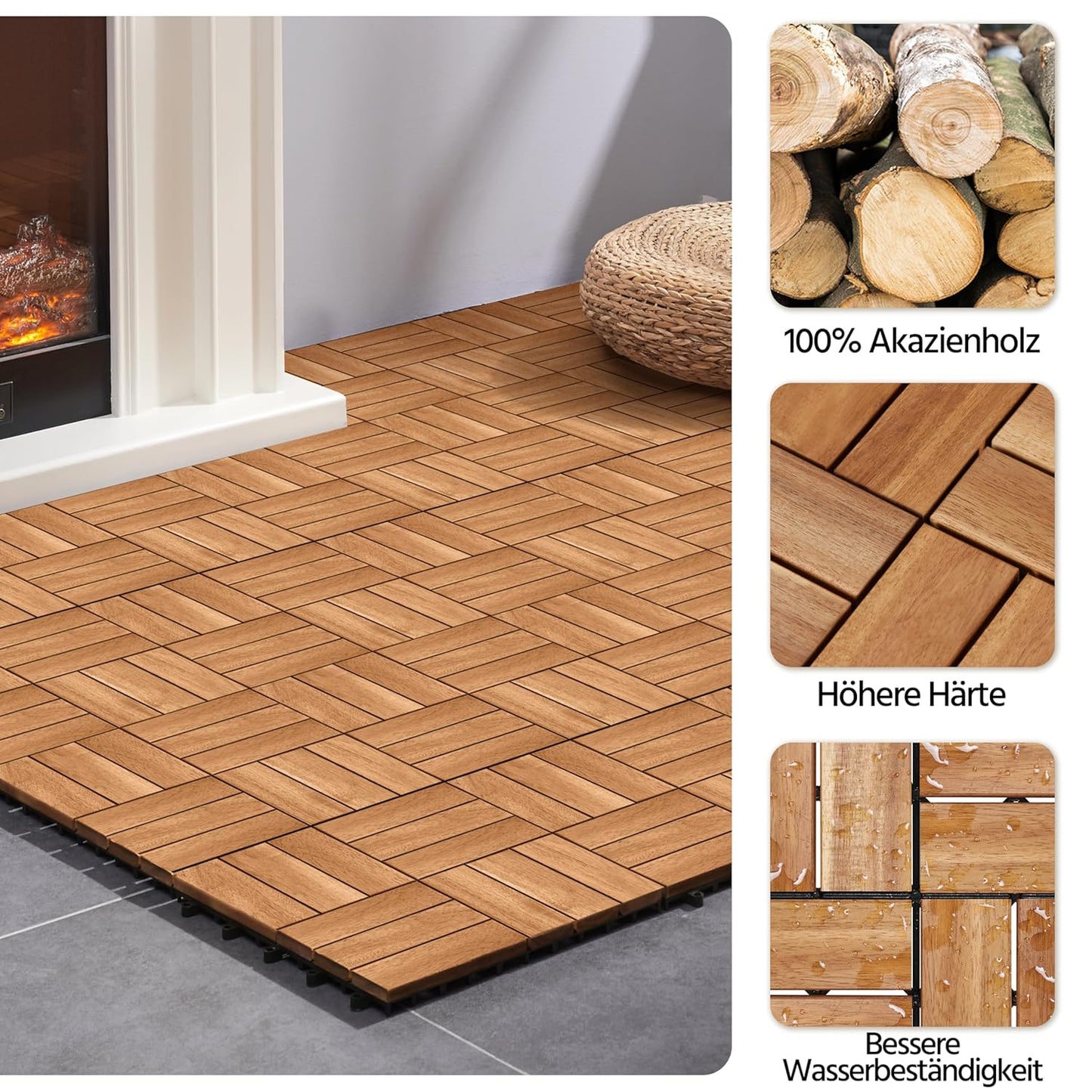 Yaheetech Akazienholz-Decking-Fliesen Hellbraun - 27 Stück - 30 x 30 cm - Wasserfeste Klick-Fliesen für Balkon, Terrasse & Garten