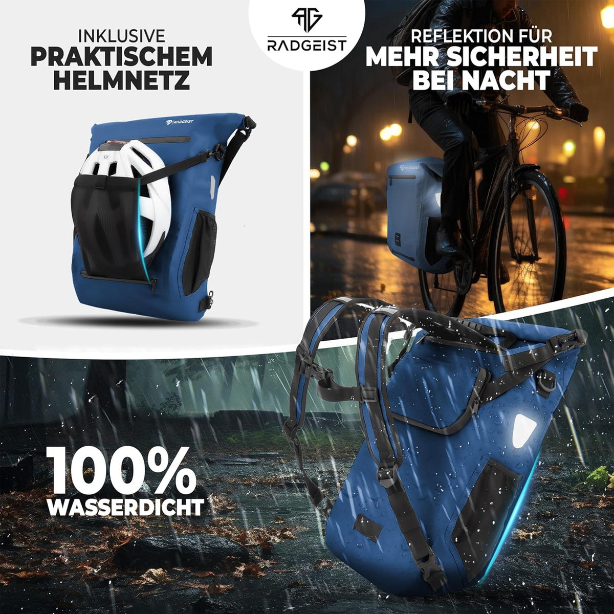 RADGEIST 3in1 Fahrradtasche für Gepäckträger I Fahrradtasche, Rucksack & Umhängetasche 18-22L I Tasche für Fahrrad 100% wasserdicht Blau