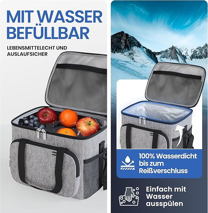 HELDENWERK Große Kühltasche, faltbar, isolierte Kühltasche, Thermotasche, auslaufsicher und wasserdicht, Picknick-Lunchbag, Frühstückstasche, Thermotasche, Isoliertasche - Grau