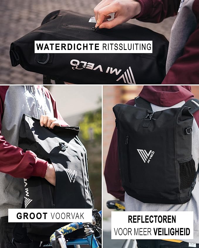 Mivelo 3 in 1 Fahrradtasche - Fahrradrucksack - Umhängetasche wasserdicht 100% PVC-frei, mit Laptopfach, Gepäckträgertasche für alle Arten von Fahrradträgern - Schwarz