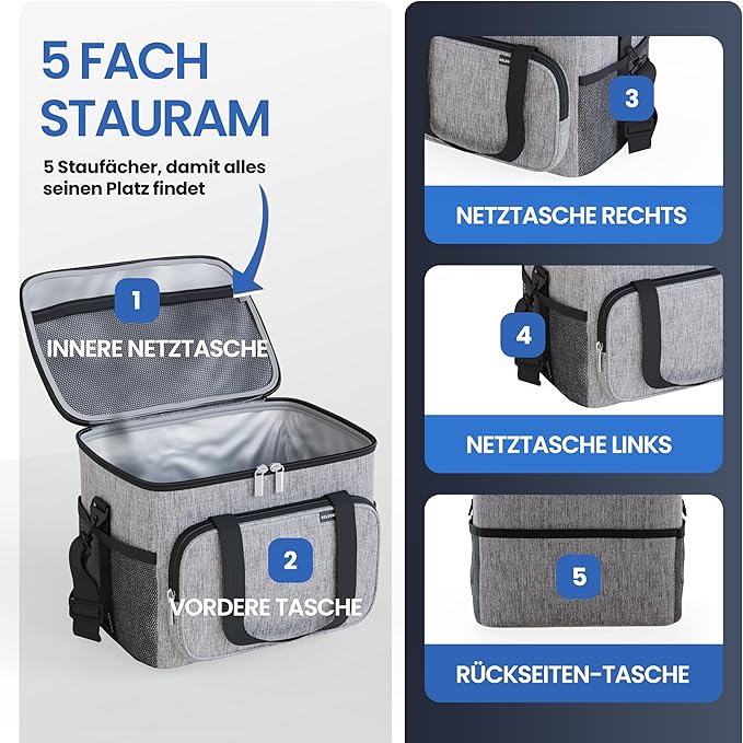 HELDENWERK Große Kühltasche, faltbar, isolierte Kühltasche, Thermotasche, auslaufsicher und wasserdicht, Picknick-Lunchbag, Frühstückstasche, Thermotasche, Isoliertasche - Grau