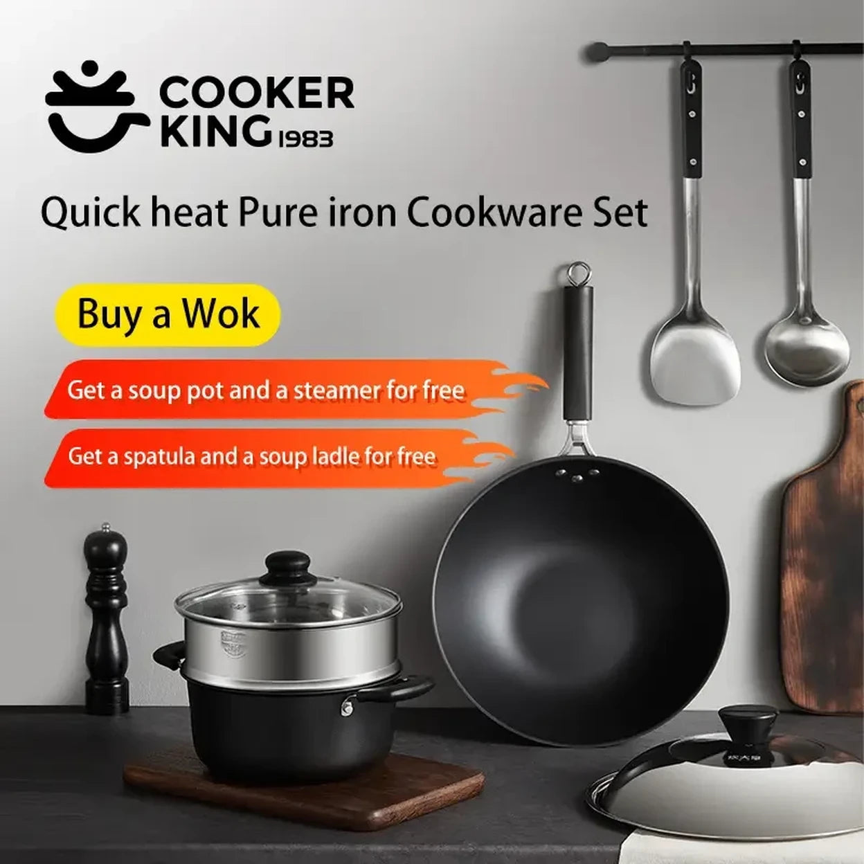 Cooker King 5-teiliges Kochgeschirrset – Wok aus Gusseisen 4,5 l – Kochkessel aus Aluminium 3 l – Dämpfeinsatz aus Edelstahl – 2 Pfannenwender