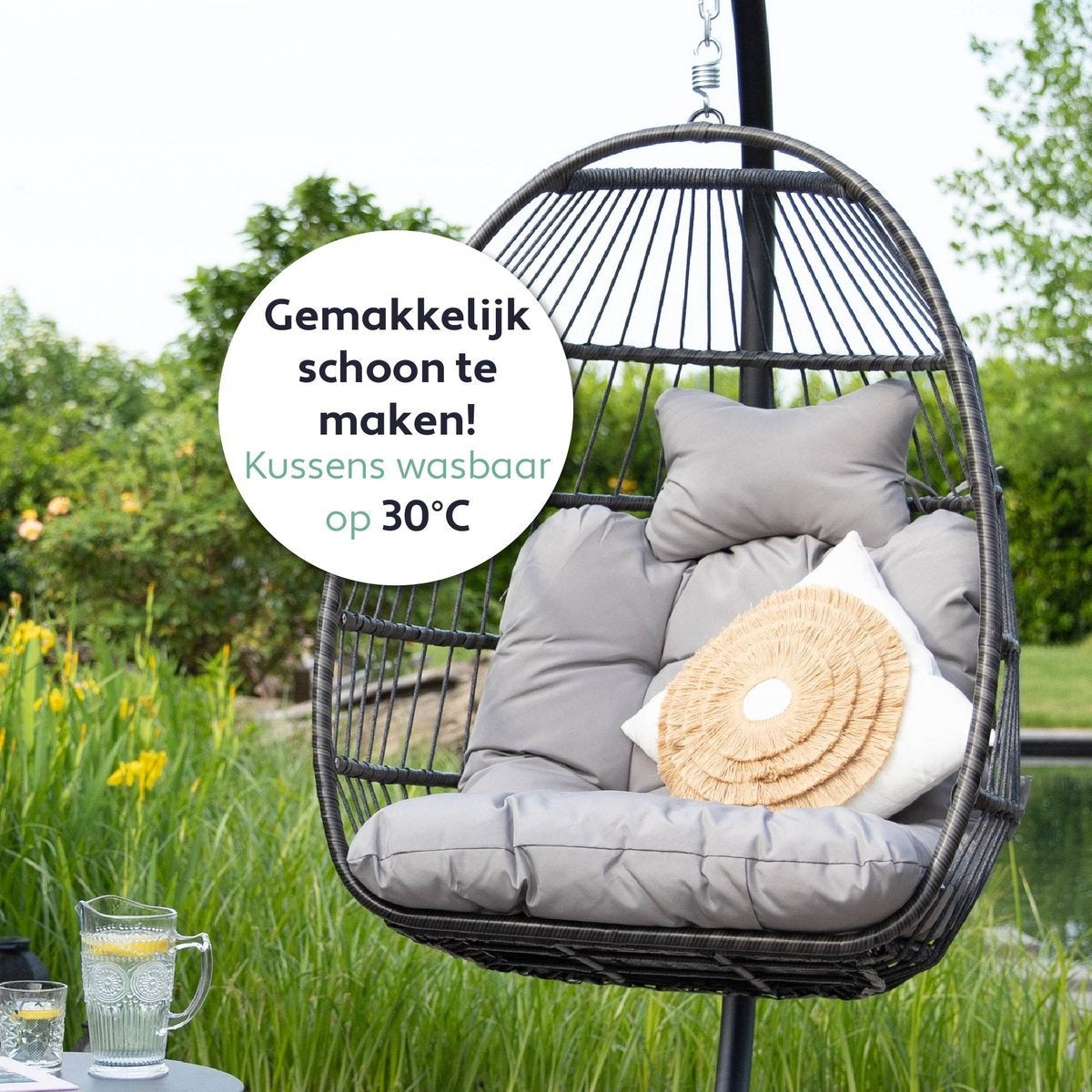 Vita5 Egg Hanging Chair - mit Ständer - für drinnen und draußen - Cocoon Chair - faltbar - bis zu 150kg - inkl. Kissen & Bezug - Hellgrau