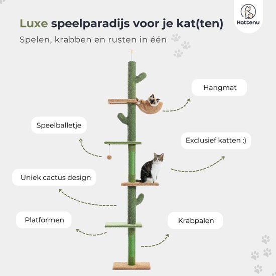 Kattenu CactusTower – Hoher Kratzbaum für die Decke – Verstellbar von 229 bis 275 cm – Grün – Kratzbaum für Katzen zur Befestigung an der Decke