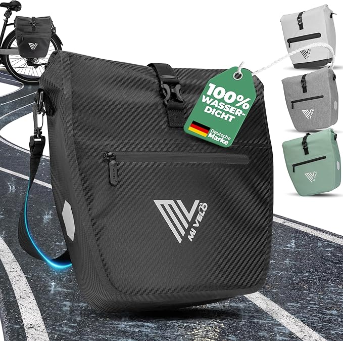 MIVELO Fahrradtasche – 2in1 Gepäckträgertasche & Schultertasche – 20 Liter – Wasserdicht – Carbon