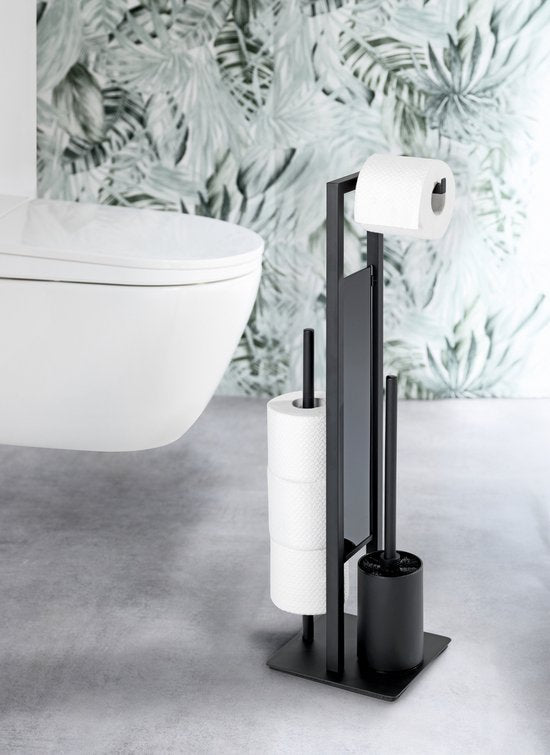 WENKO Toilettenbutler Rivalta schwarz – Toilettenbürste mit Halter, Toilettenpapierhalter und freistehender Halter für Ersatzrollen