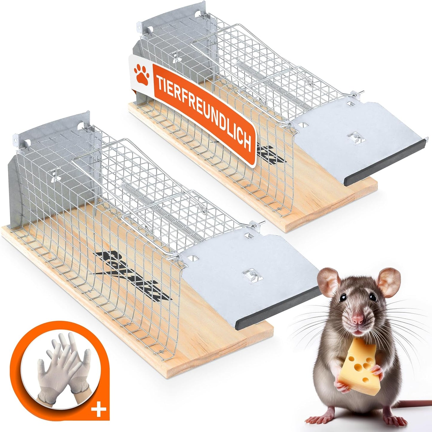 Lebenslang - Rattenfalle Holz - 29×12×12 cm - 2er-Set - tierfreundliche Lebendfalle - inklusive Handschuhe