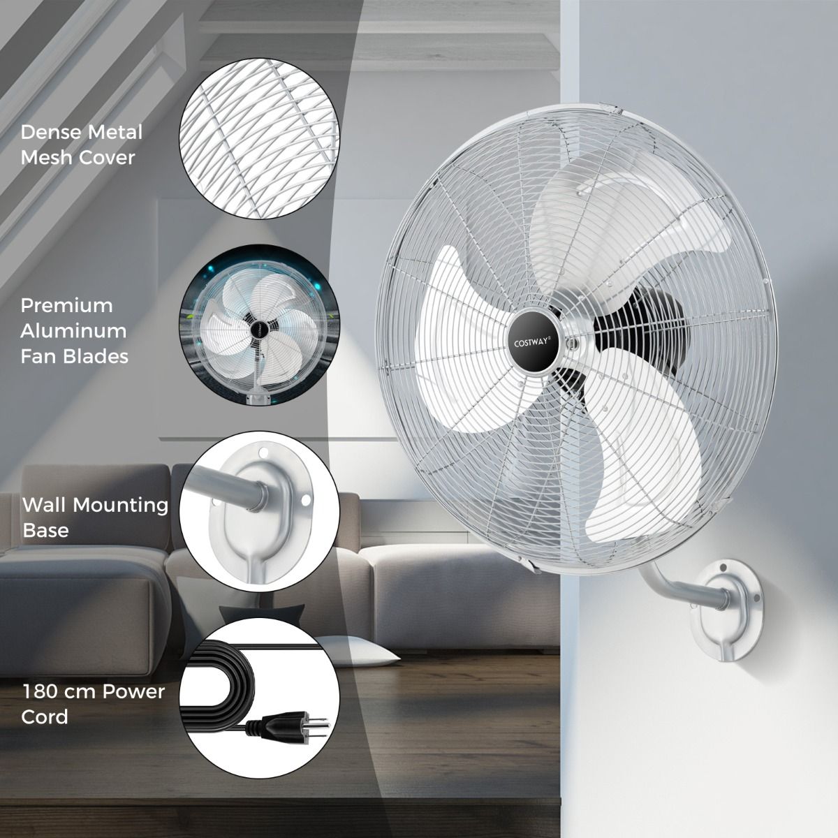 Coast Industrial Wandventilator Ø 56 cm - Silber - 3 Geschwindigkeiten, 85° Oszillation, 30° Kippung