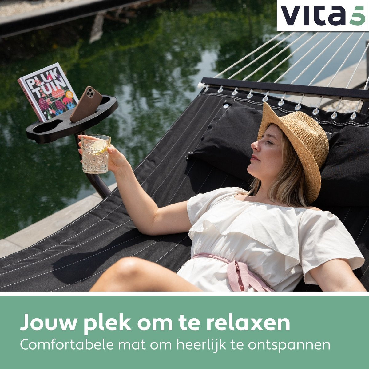 Vita5 Hängematte mit Ständer und Spreizstange - 2 Personen - Abnehmbares Kissen - UV-beständig - Schwarz