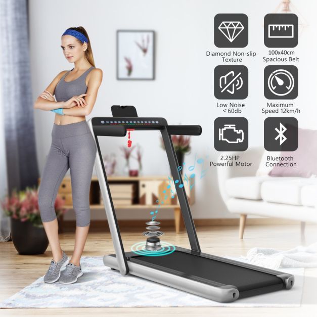 2-in-1 faltbares elektrisches Laufband - Silber - mit Bluetooth-Lautsprecher, doppelter LED-Anzeige und 40x100 cm Lauffläche