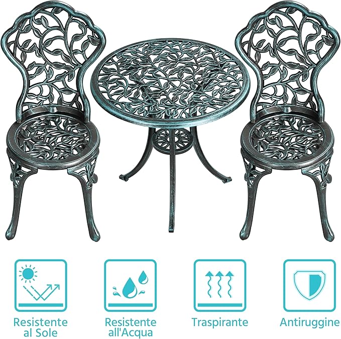 Yaheetech Bistro-Set, 3-teilig – Grün – Gartengarnitur aus Metall mit 2 Stühlen und einem Tisch