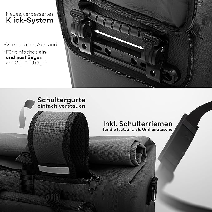 MIVELO 3-in-1 Packtasche - Gepäcktasche, Rucksack & Umhängetasche - 25L - wasserdicht & PVC-frei - abnehmbare Laptoptasche - Schwarz