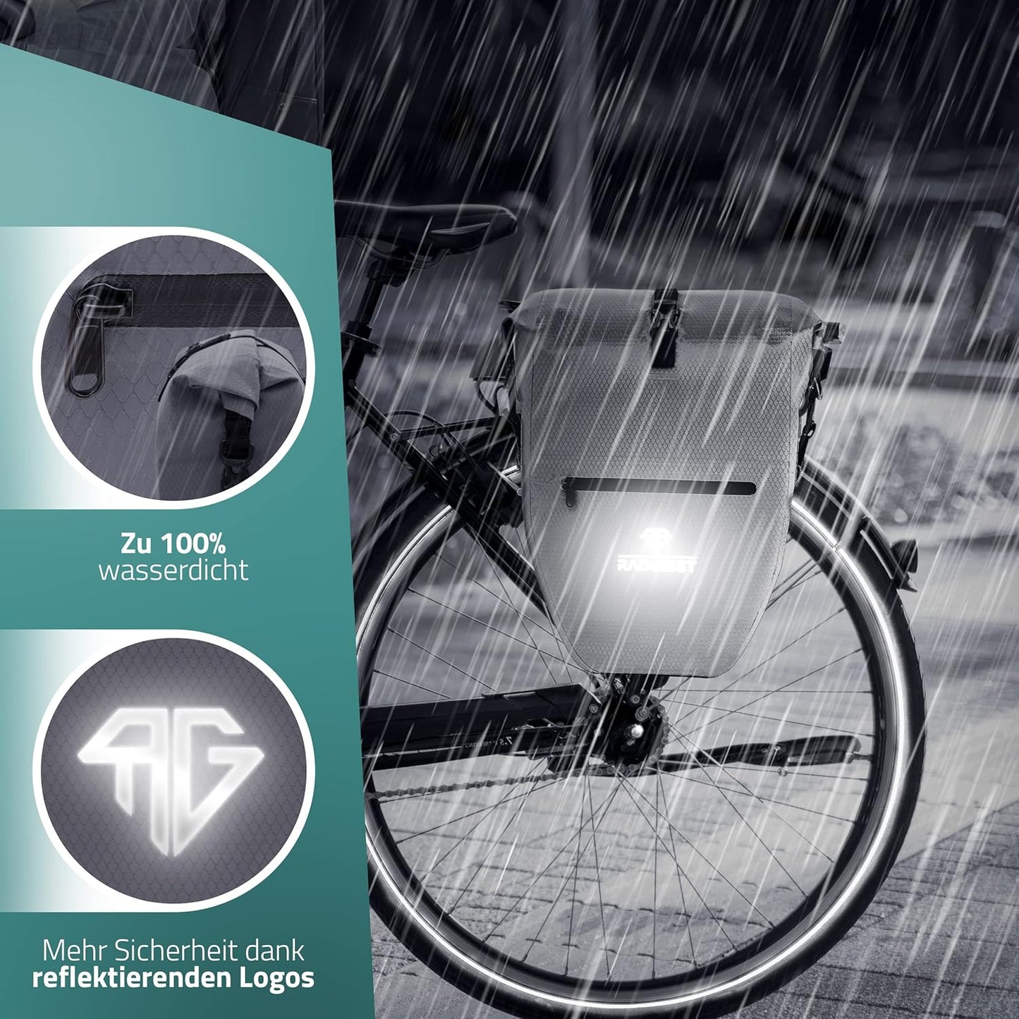 RADGEIST Fahrradtasche - Für Fahrradträger - Set - 2X - Wasserdicht & Umhängetasche - Mit Reflektoren