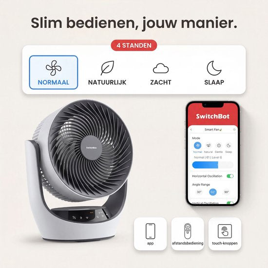 SwitchBot 22 dB kabelloser Tischventilator – Flüsterleiser, wiederaufladbarer USB-Ventilator mit App und Fernbedienung – Leise Luftzirkulation am Schreibtisch – 4 Stufen & Timer – Weiß