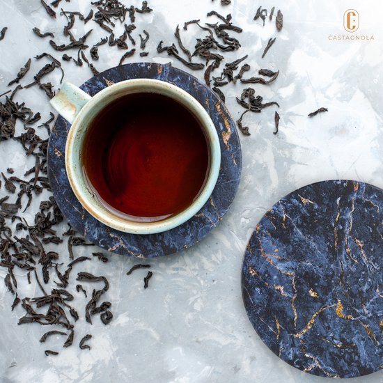 Castagnola Keramik Untersetzer mit Halter - Untersetzer für Gläser - Untersetzer Design - Untersetzer Set - Untersetzer zum Trinken - Keramik - Kork - 6er Set - Blau/Gold