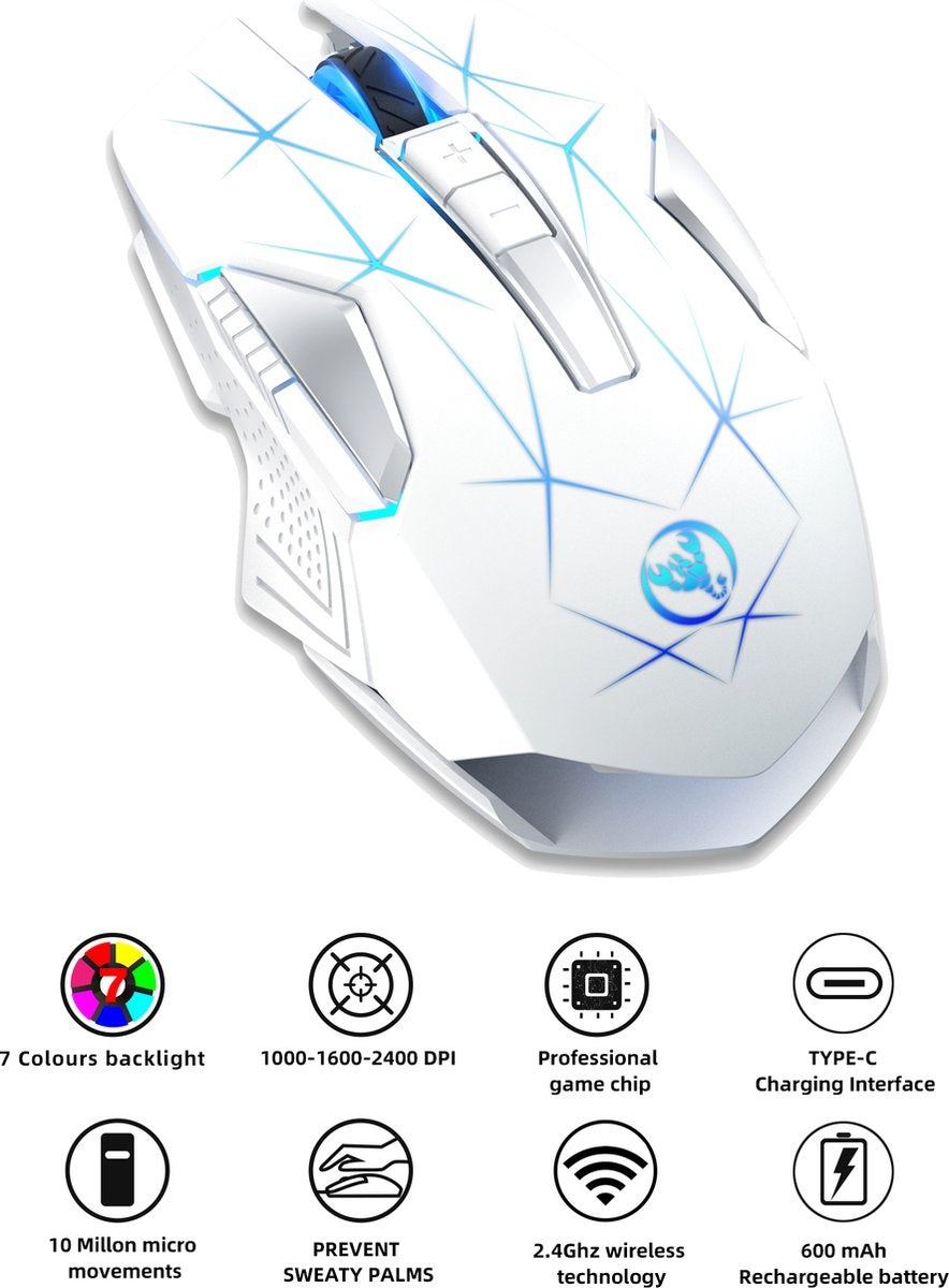 HXSJ T300 2.4G Wireless Gaming Mouse - Computermäuse - Ultraleicht - Kompakt für unterwegs - RGB-Beleuchtung - Weiß