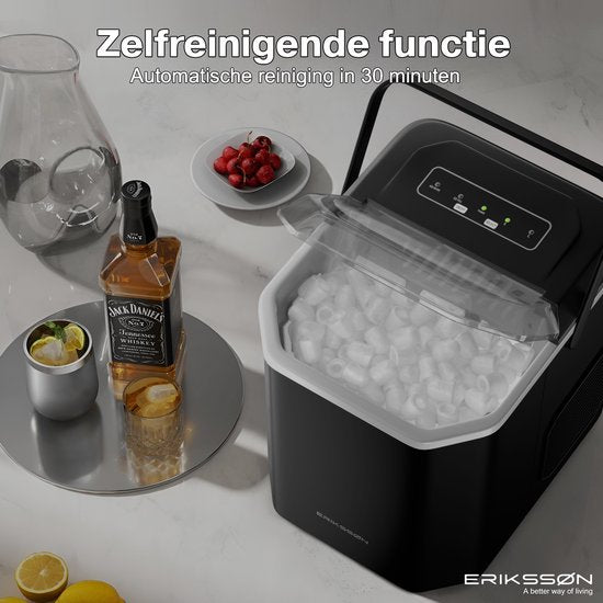 Erikssøn Eiswürfelmaschine - Eiswürfelbereiter - Inkl. Eisportionierer - 12kg/24 Std. - 9 Würfel / 6 Min. - Tragbar - Selbstreinigungsfunktion - Schwarz