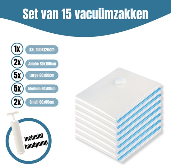 Travelly® Vakuumbeutel & Reisebeutel Set - Aufbewahrung von Kleidung & Reisen - Luftdicht - Inklusive Pumpe - Wiederverwendbar - Platzsparend - 15er Set - Transparent