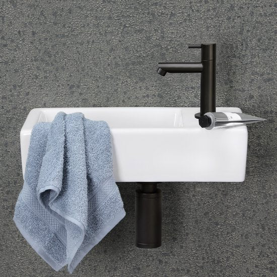 Differnz Helios Waschtisch-Set – 37,5 × 18,5 × 9,5 cm – Rechteckig – 1 Hahnloch rechts – Gerader, mattschwarzer Wasserhahn – Weiß
