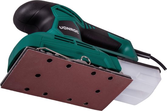 VONROC Exzenterschleifer 240W - 90x187mm - Mit Staubauffangbox & 12 Stück Schleifpapier