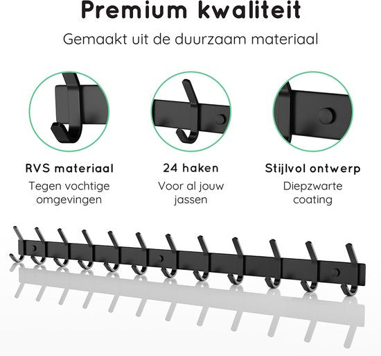 Volcan Wandgarderobe - 24 Haken - Wandgarderobe zum Aufhängen mit 3M-Band - Industriell - Schwarzer Edelstahl