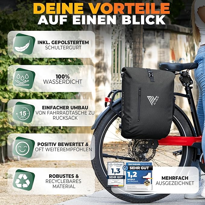 MIVELO 3-in-1 Packtasche - Rucksack & Umhängetasche - Wasserdicht - Mit Laptopfach - 20L - Schwarz Reflektierend