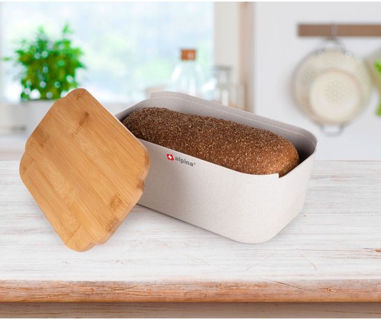 alpina Brotaufbewahrungsbox 33 x 18,5 x 12 cm – Brotkasten mit Bambusdeckel – Deckel auch als Schneidebrett verwendbar – Kompaktes Format – Zur Aufbewahrung von Brot – Küchenzubehör