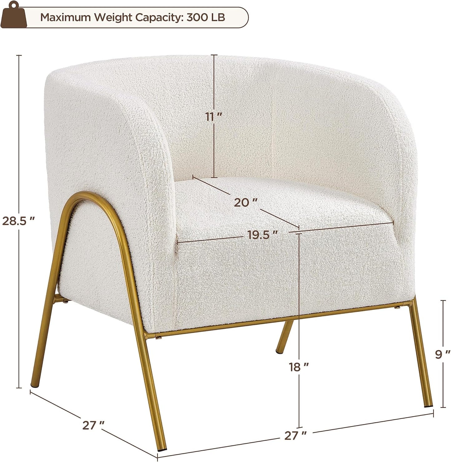 Yaheetech Akzentstuhl Luxuriöser Fassstuhl Bouclé – Goldene V-Beine – Elfenbein – 69 x 69 x 72 cm