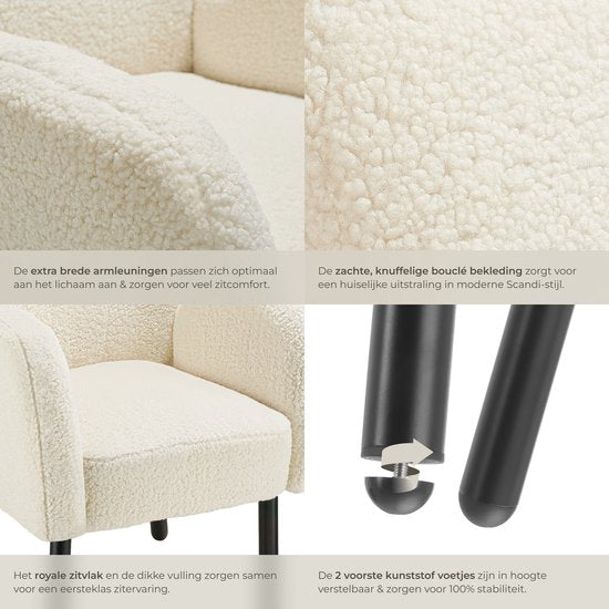 tectake - Sessel Vänersborg - Dick gepolsterter Relaxsessel mit Bouclé-Polsterung - Sessel mit breiten Armlehnen und ergonomischer Rückenlehne - Höhenverstellbare Beine mit Bodenschutz - Beige/Creme