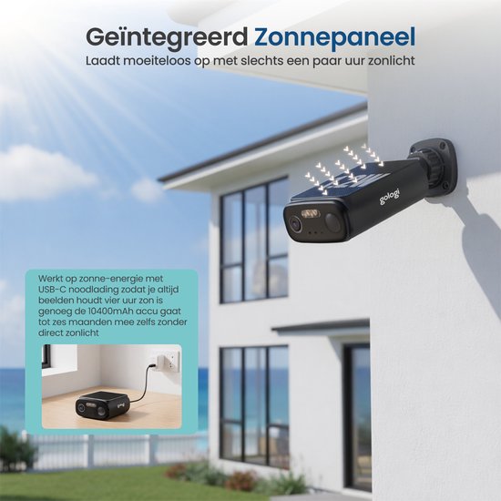 Gologi Solar Premium-Überwachungskamera für den Außenbereich – 10.400 mAh – 2,5K – Nachtsicht – Bewegungserkennung – Überwachungskamera – Solarpanel – kabellos – USB-C – WLAN und App – Schwarz