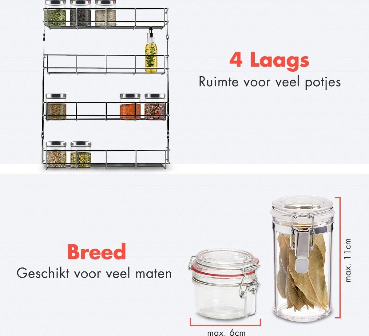 KitchenBrothers Hängendes Gewürzregal für 32 Gewürzdosen - Gewürzregal - Küchenregal - Gewürzorganisator - Gewürzaufbewahrung - 4 Schichten - 40 x 6,3 x 50 cm - Edelstahl