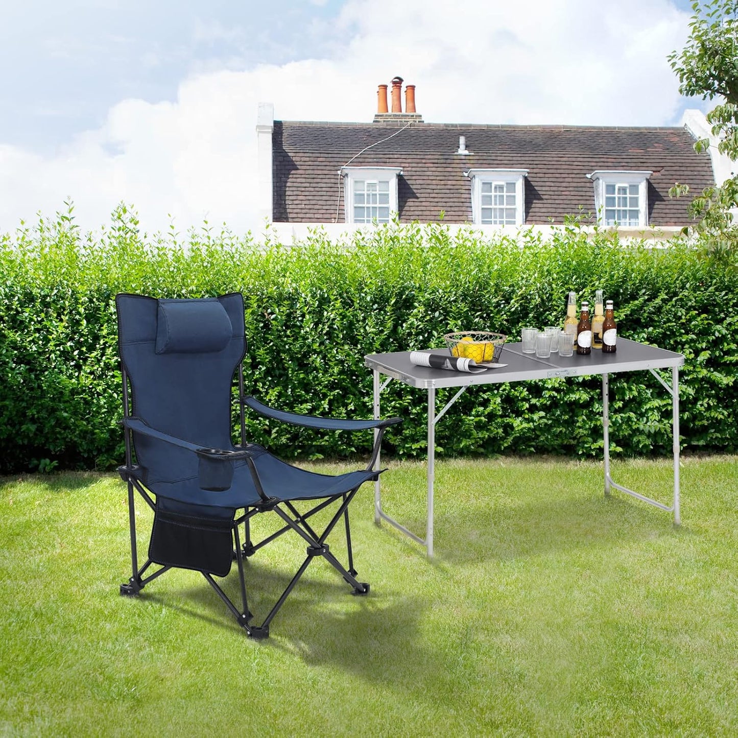 Woltu Campingstuhl 2er Set - Zusammenklappbare Liege mit Fußstütze und Becherhalter - 160 x 88,5 x 84 cm - Blau
