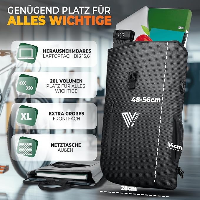 MIVELO 3-in-1 Packtasche - Rucksack & Umhängetasche - Wasserdicht - Mit Laptopfach - 20L - Schwarz Reflektierend