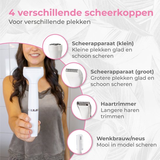 Nuvance - Ladyshave - Ladyshaves für Frauen - 4 Aufsätze - mit Augenbrauentrimmer - Bikini-Trimmer - Rasierer Frau - Lady Shave - Weiß