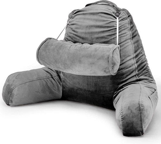 EL Life Lesekissen mit Nackenrolle - Entspannungskissen - Sitzkissen - Unterstützung für den unteren Rücken - Faulenzerkissen - Samt Hellgrau