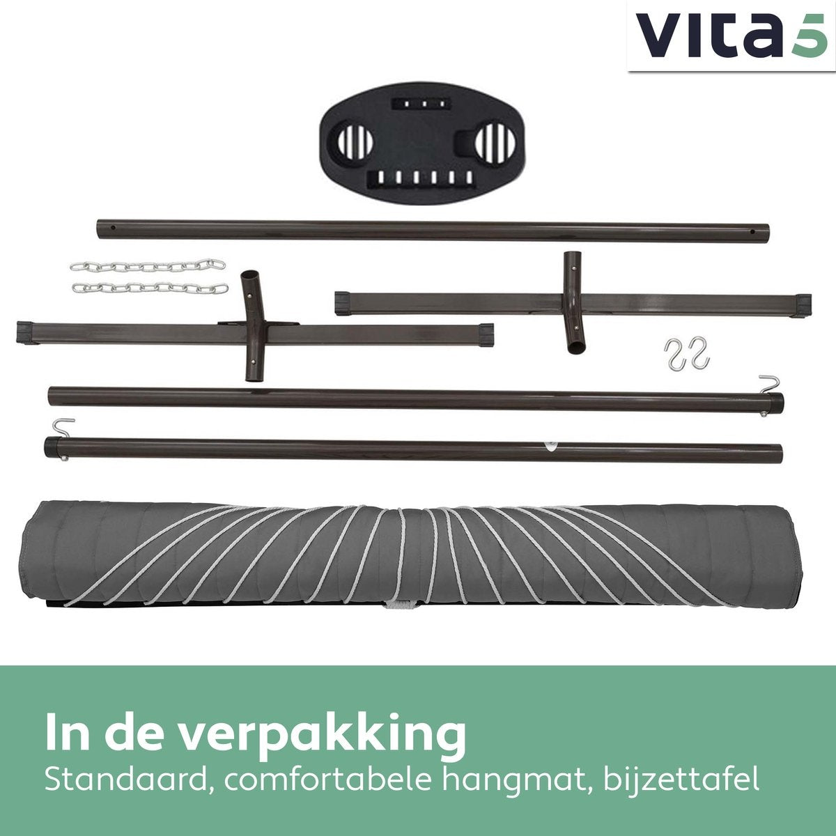 Vita5 Hängematte mit Ständer und Spreizstange - 2 Personen - inkl. Getränkehalter - abnehmbares Kissen - UV-beständig - Dunkelgrau
