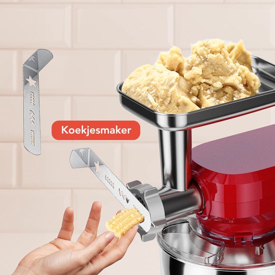 KitchenBrothers Küchenmaschine - 6-in-1 Küchenroboter - 1500W - mit Fleischwolf, Mixer und 15 Zubehörteilen - 6,2L Schüssel aus Edelstahl - Rot