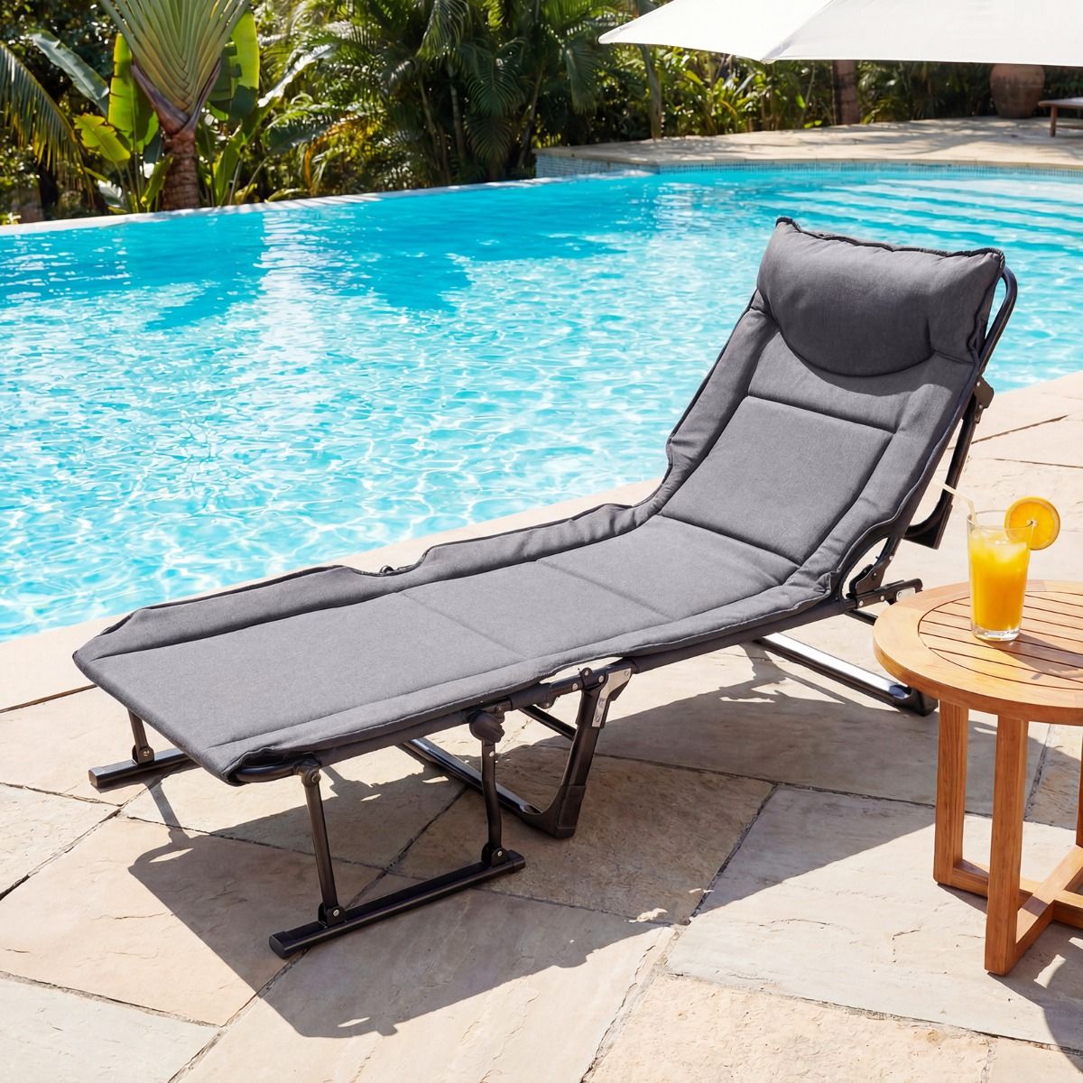 Coast Faltbares Campingbett 3-in-1 – verstellbare Rückenlehne – Kopfstütze – grau und schwarz