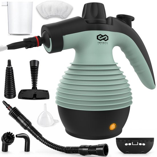 Infinity Goods Dampfreiniger – 12-in-1-Handdampfreiniger – Handdampfreiniger – Fleckenentferner – Teppichreiniger – 10 Aufsätze – 1050 Watt – 3,2 bar – Grün