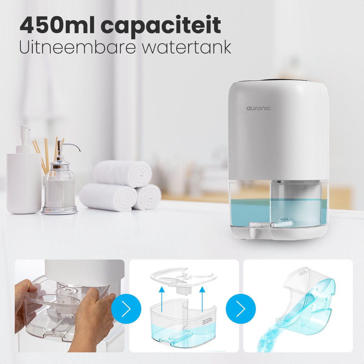 Auronic Luftentfeuchter – 1 l Wassertank, 450 ml pro Tag, 40 W – 25,6 x 15 x 15 cm – Weiß