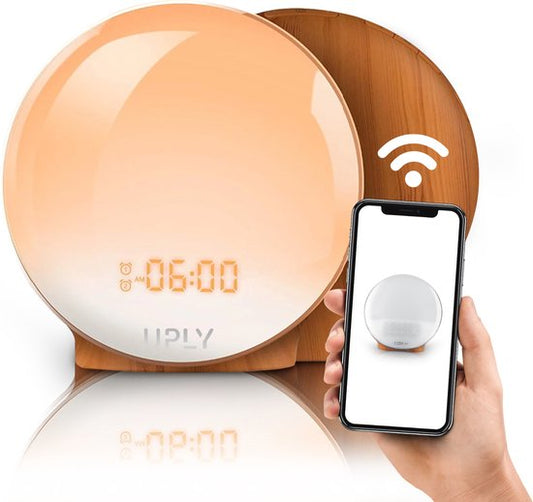 UPLY - Wake Up Light - Lichtwecker mit USB-Ladestation - mit 4 Alarmen - WiFi - Google Home | Amazon Alexa - Weiß