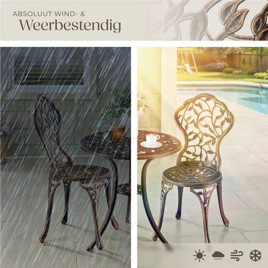 tectake® 2-Personen-Bistro-Set - Vintage Bistro-Tisch mit 2 Bistro-Stühlen - Aluminium-Bistro-Set für Garten, Terrasse oder Balkon - wetterfest - bronzefarben